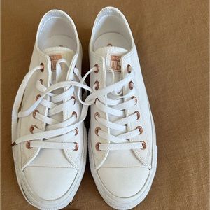 White leather converse sneakers with rose gold